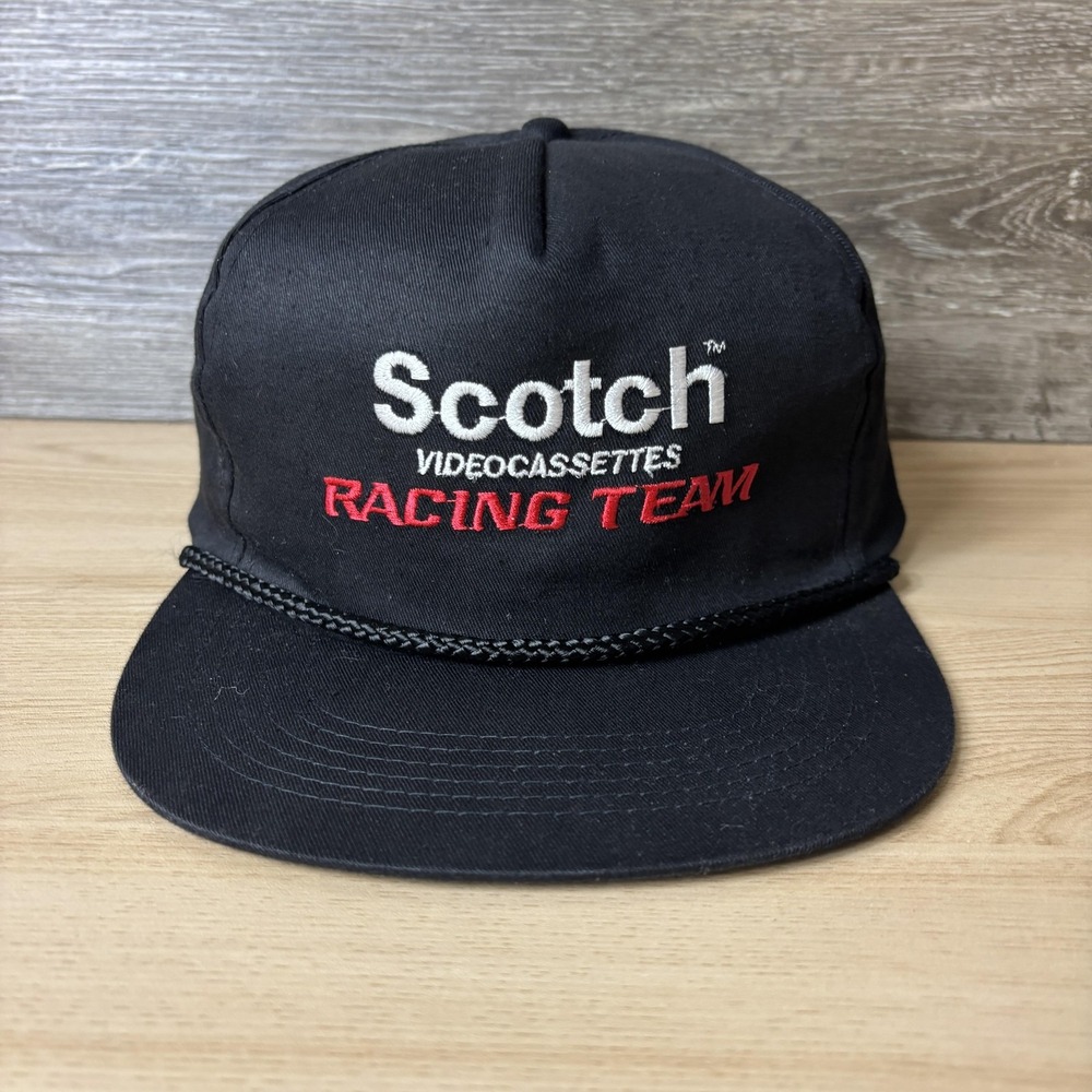 VINTAGE Scotch Videocassettes Hat Cap Snap Back Black Racing Team Mens 90s